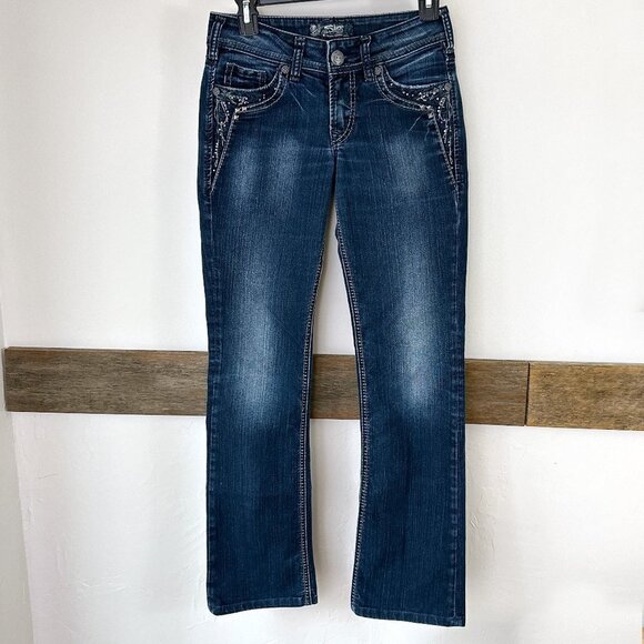 Silver Suki 17 " Jeans Rhinestones Black Patch Size 26 - Picture 1 of 10